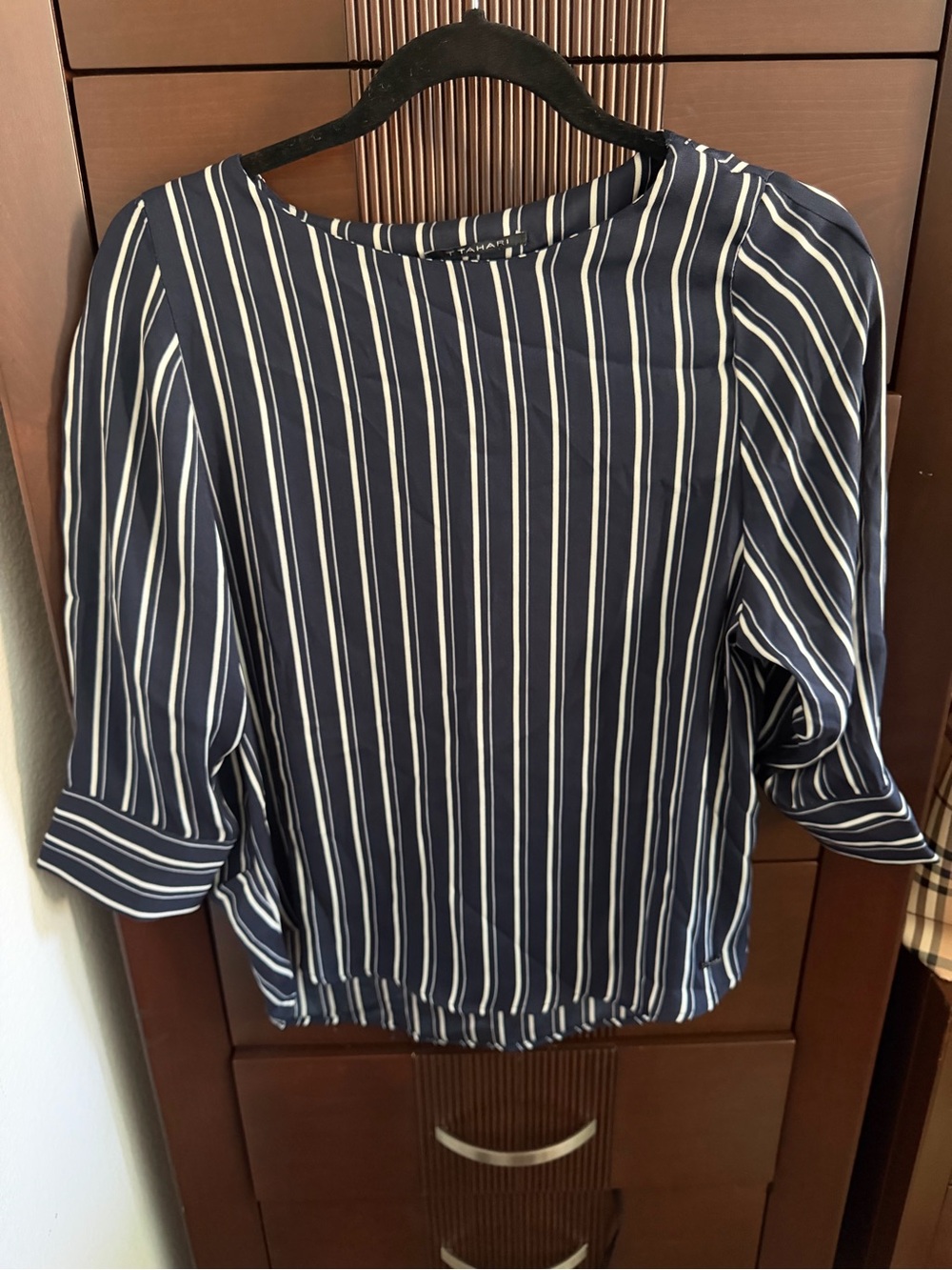 Tahari Navy and White Vertical Stripe Blouse